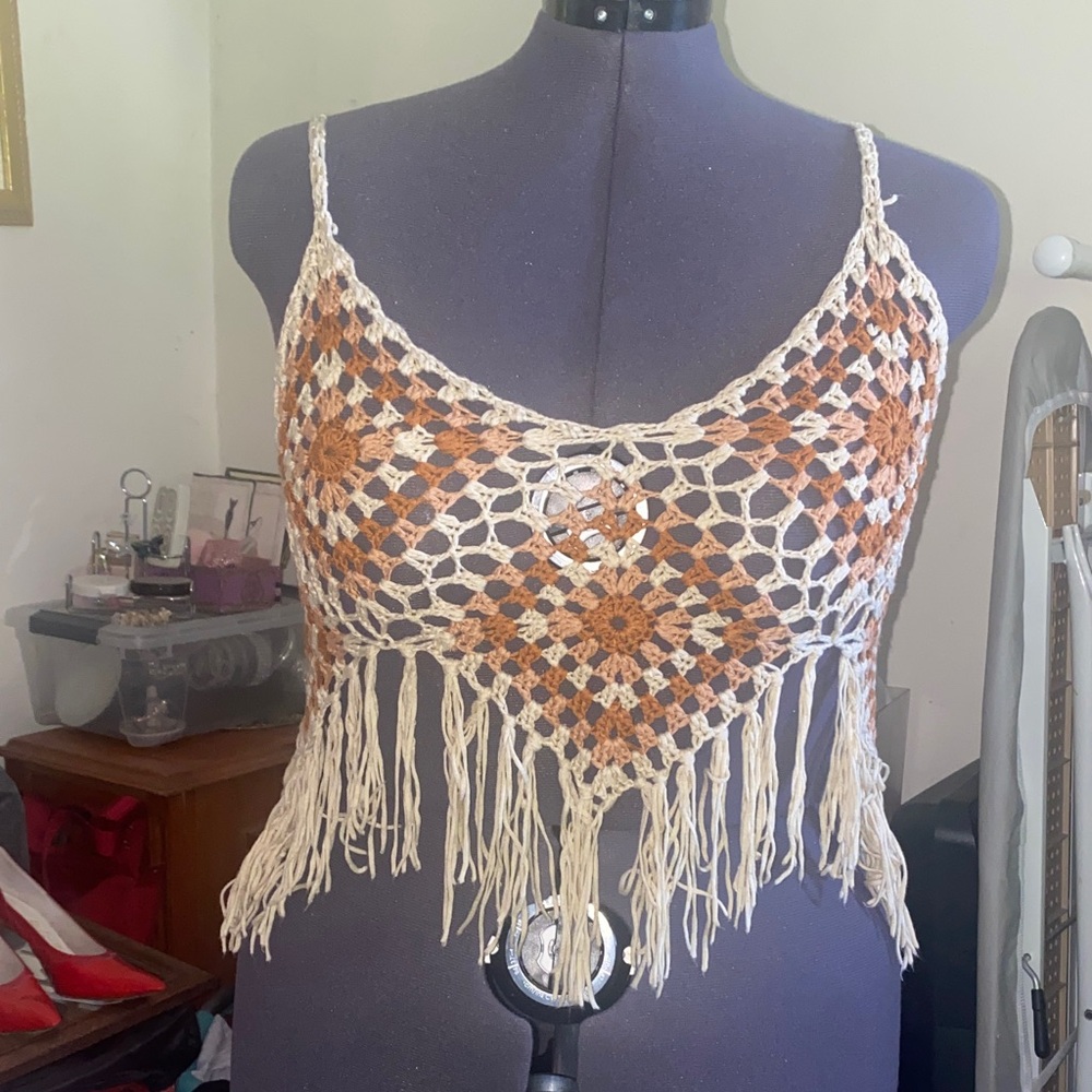 Retro - Vivid- Boho Crochet Fringe Top in Cream and Brown